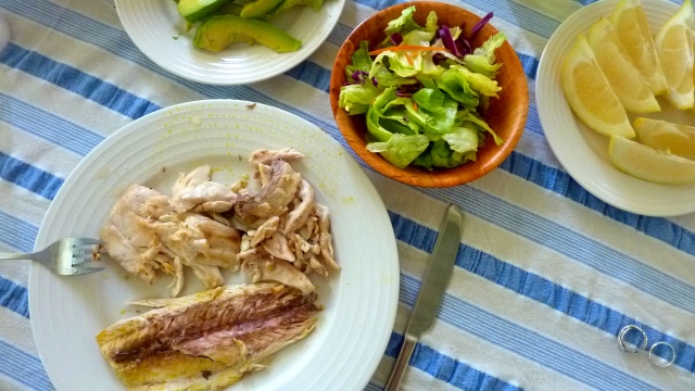 This is a meal we cooked on the BBQ on the balcony of our room on a road trip (Rainbow Beach, Australia). [local fish + salad + avocado + lime + olive oil... there was probably some chocolate after ;) ]
